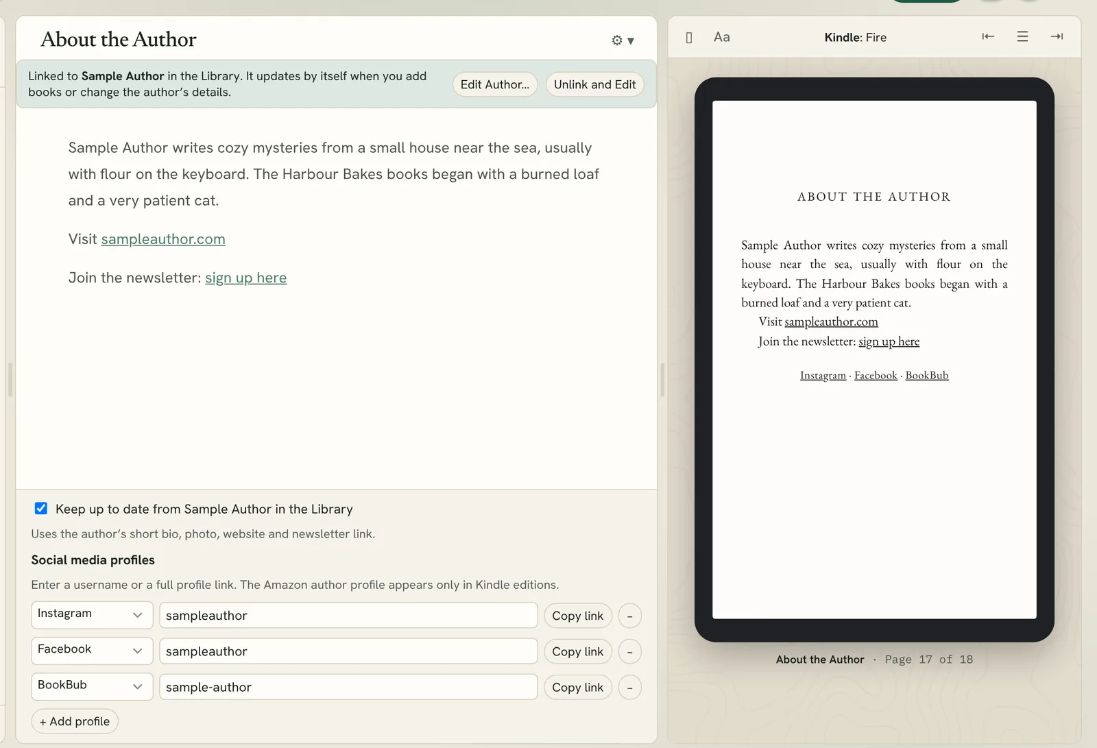a linked About the Author page with the bar above it