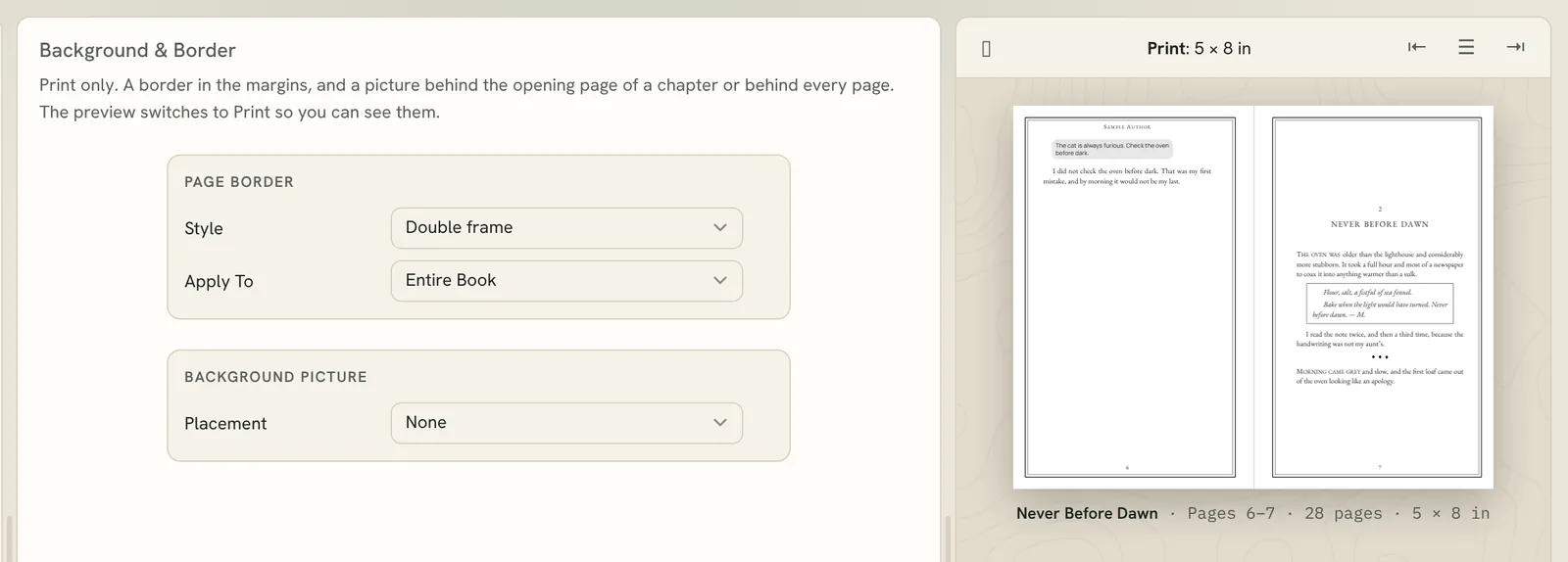 Background & Border settings with a double frame border in the print preview