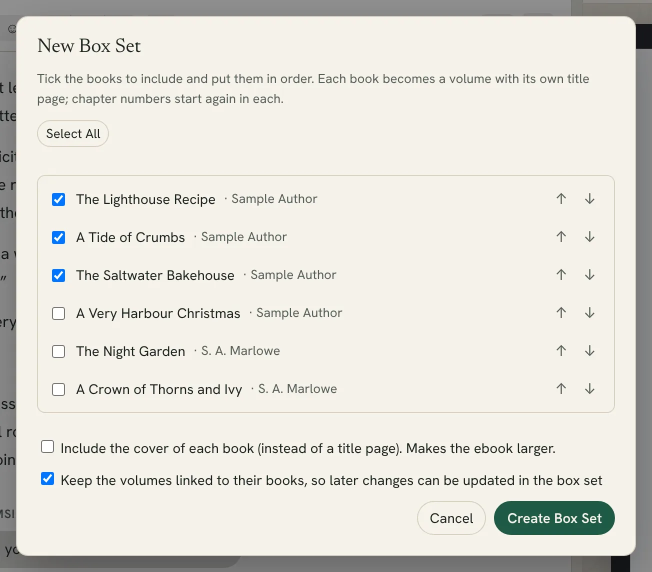 the New Box Set window with three books ticked