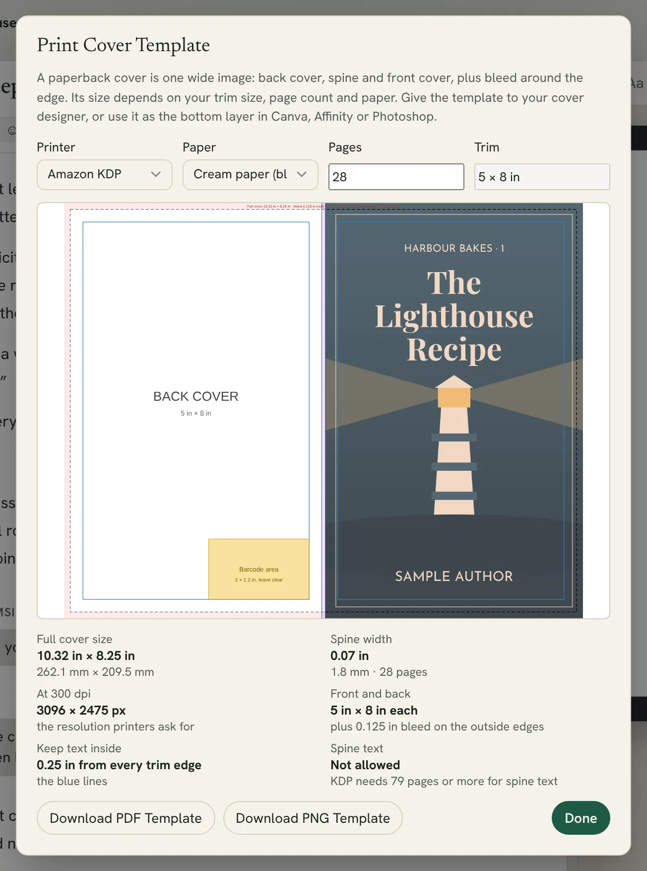 the Print Cover Template window with the drawing and the size facts