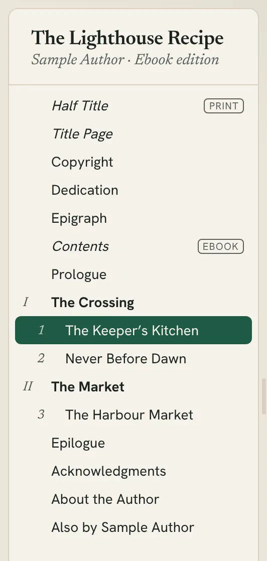 the sidebar with front matter, parts, chapters and back matter