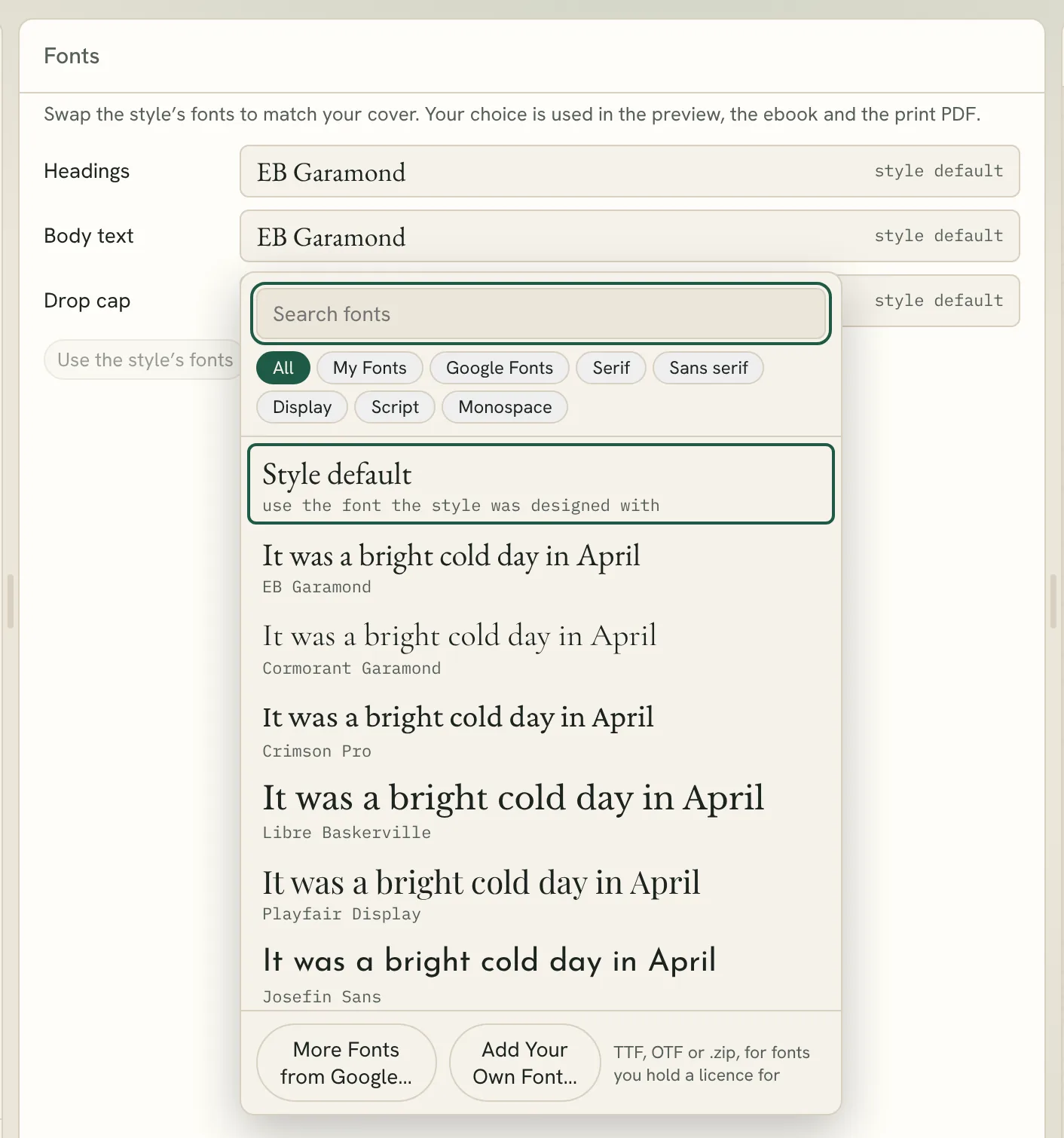 the font list open beside the Body text button