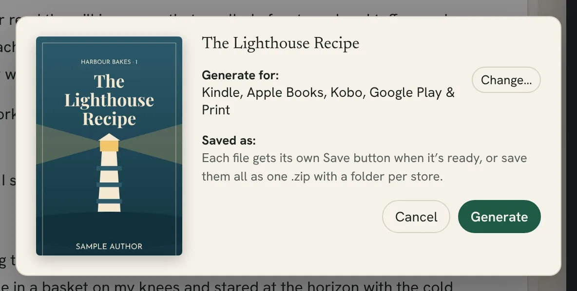 the Generate summary with the cover, the "Generate for:" line and the Change… button