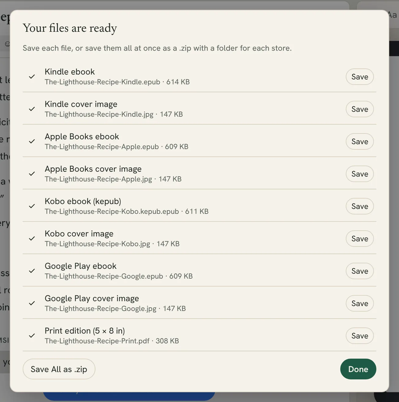 the list of finished files, each with a Save button, and Save All as .zip