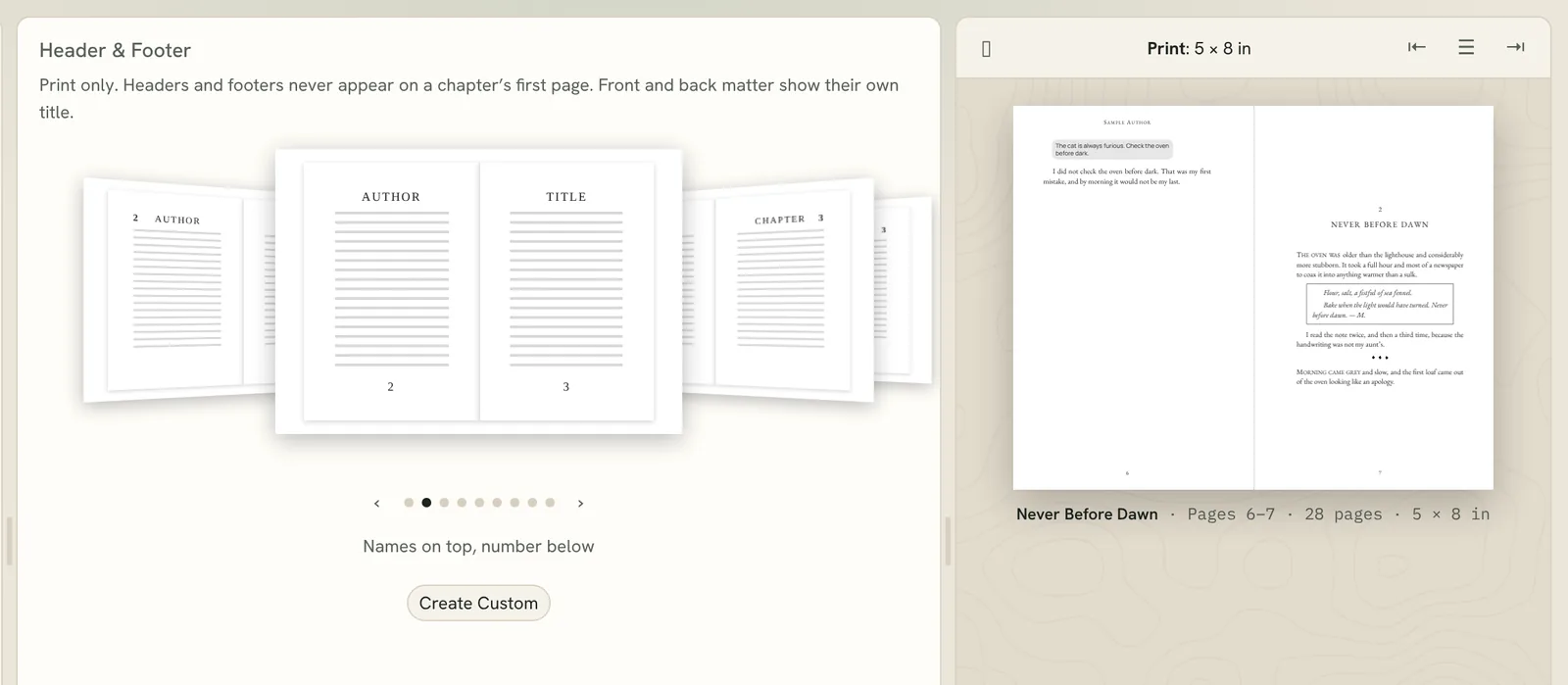 the Header & Footer layouts in Styles, with a print spread in the preview