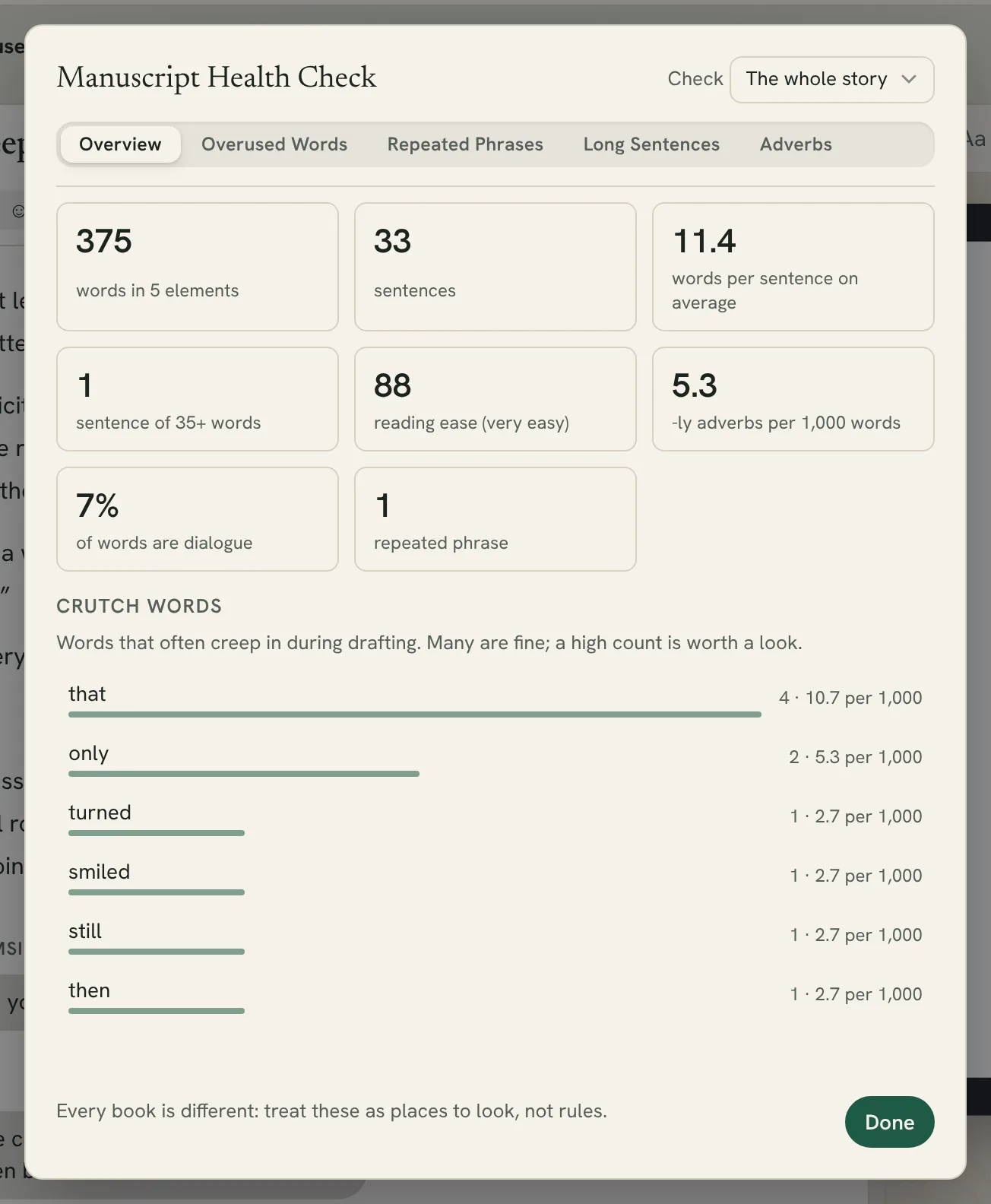 the Manuscript Health Check window on the Overview tab