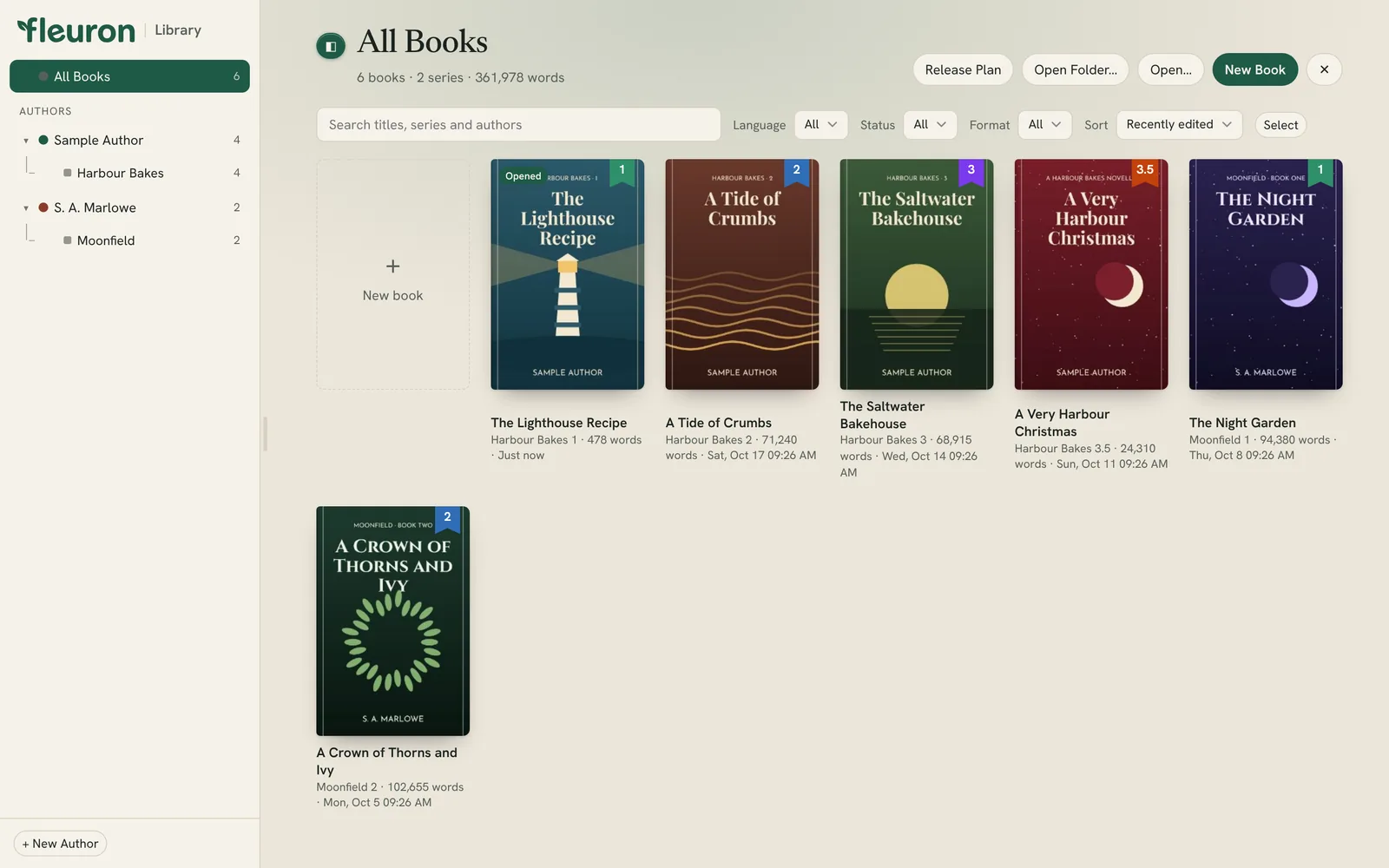 the Library window with the authors list on the left and book covers on the right