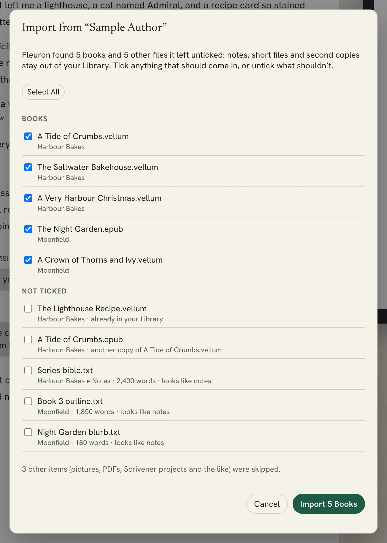 the Import from folder list, with Books ticked and a few files under Not ticked