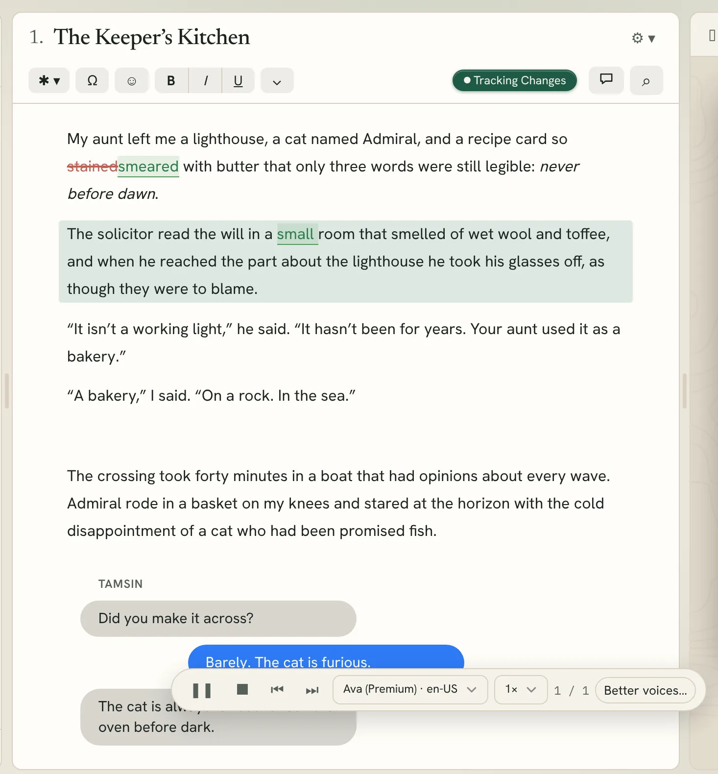 the read aloud bar with the voice and speed menus, and a highlighted paragraph in the editor