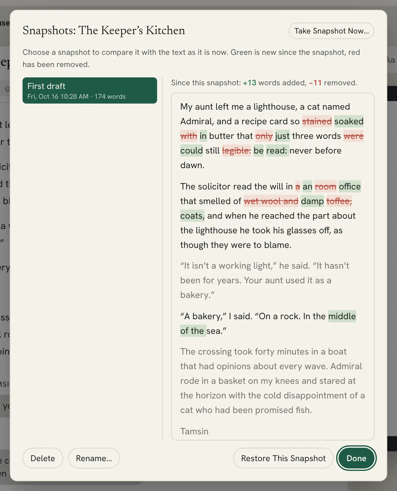the Snapshots window comparing a chapter, with added words in green and removed words in red