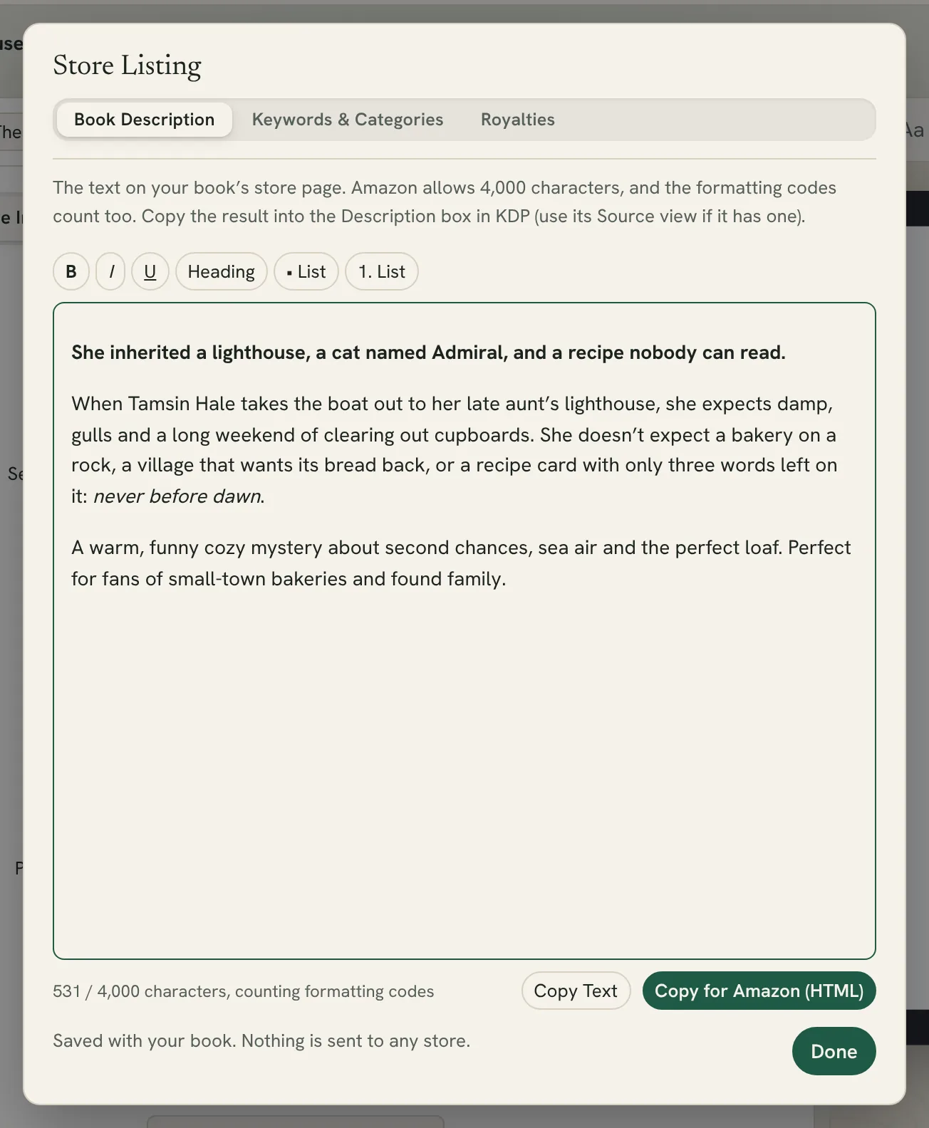 the Store Listing window on the Book Description tab