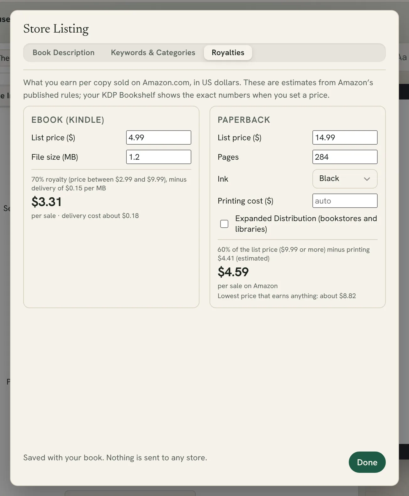 the Royalties tab with the Ebook and Paperback cards