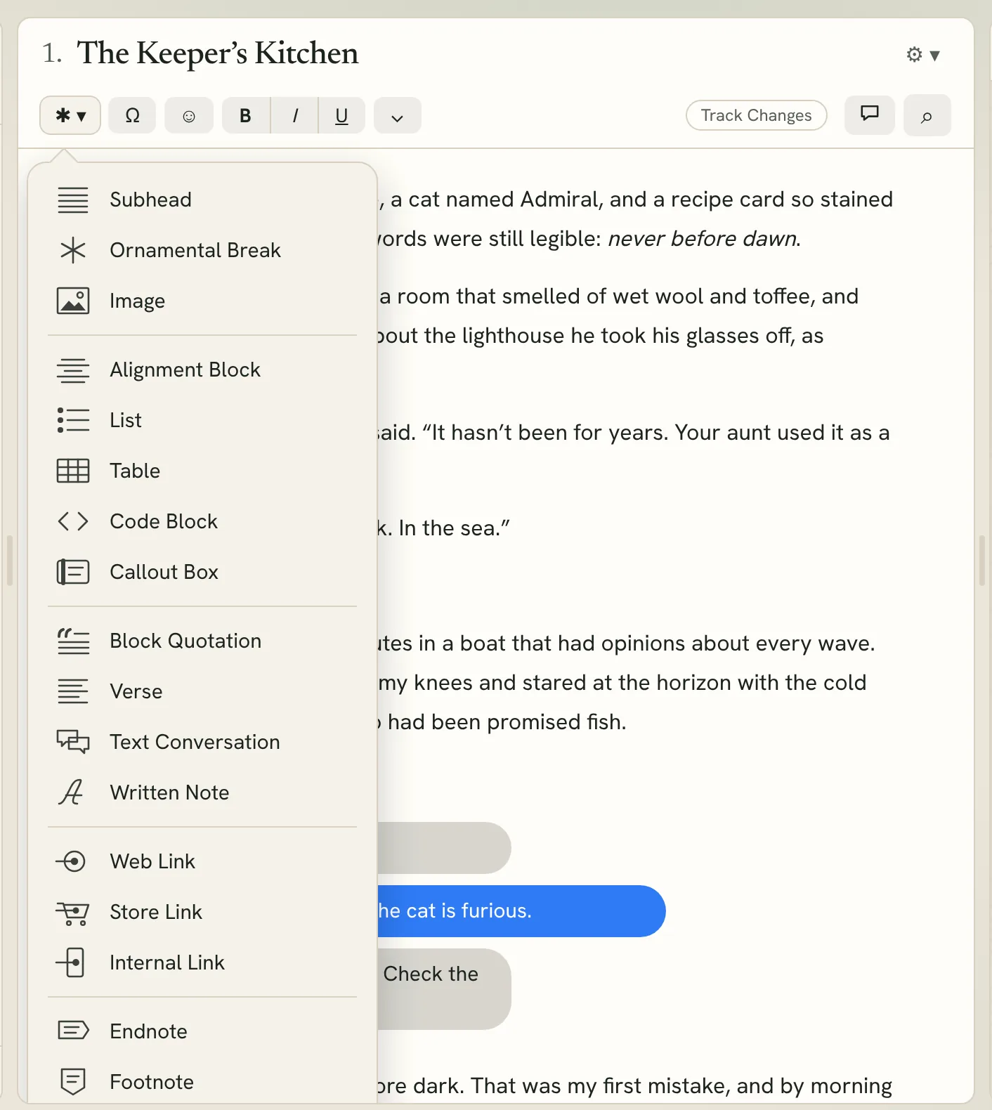 the ✱ menu open over a chapter