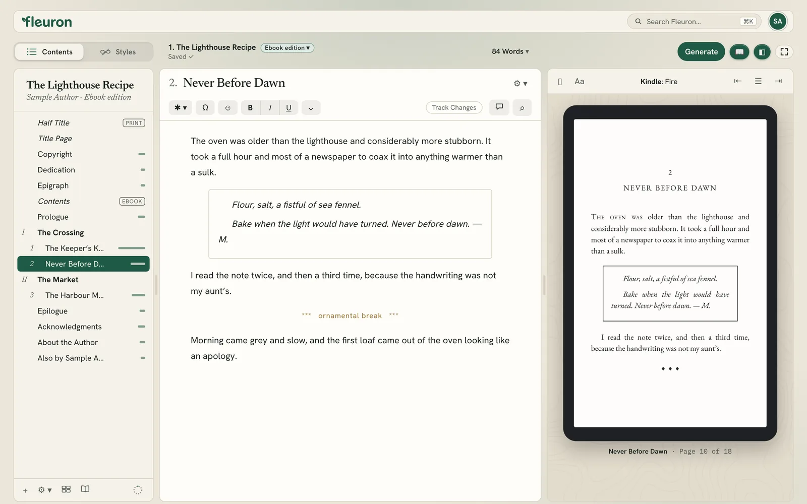 a book window with the sidebar, editor and Kindle preview, with labels for each part