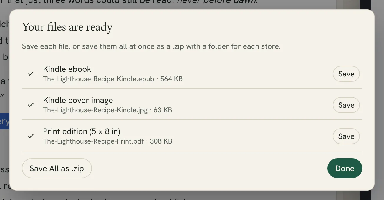 the "Your files are ready" window listing the Kindle ebook, the cover image and the print PDF, each with a Save button
