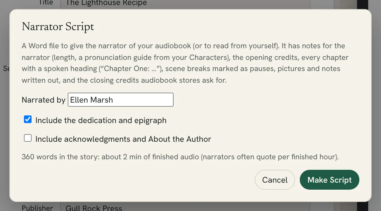 the Narrator Script window with the Narrated by box and the two checkboxes