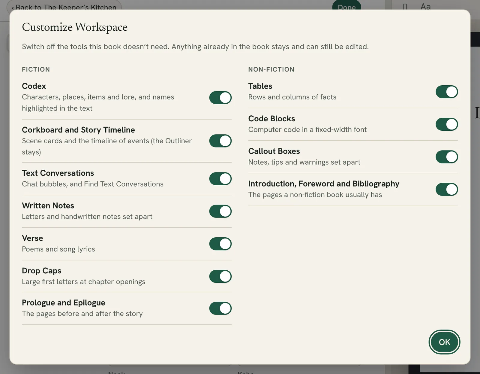 the Customize Workspace window with its Fiction and Non-fiction switches